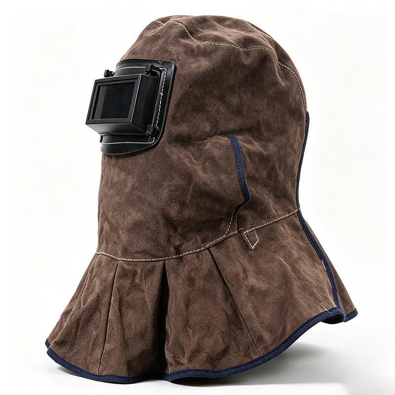 Masque de cagoule de soudage rabattable en cuir de vache marron carbone