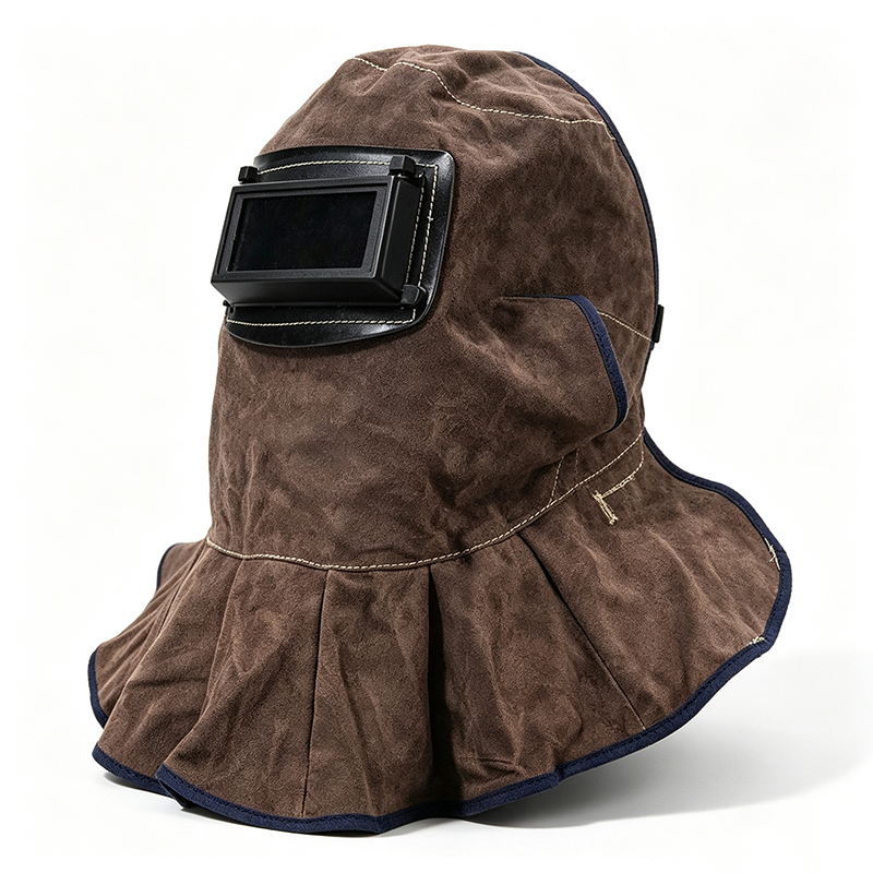 Masque de cagoule de soudage rabattable en cuir de vache marron carbone